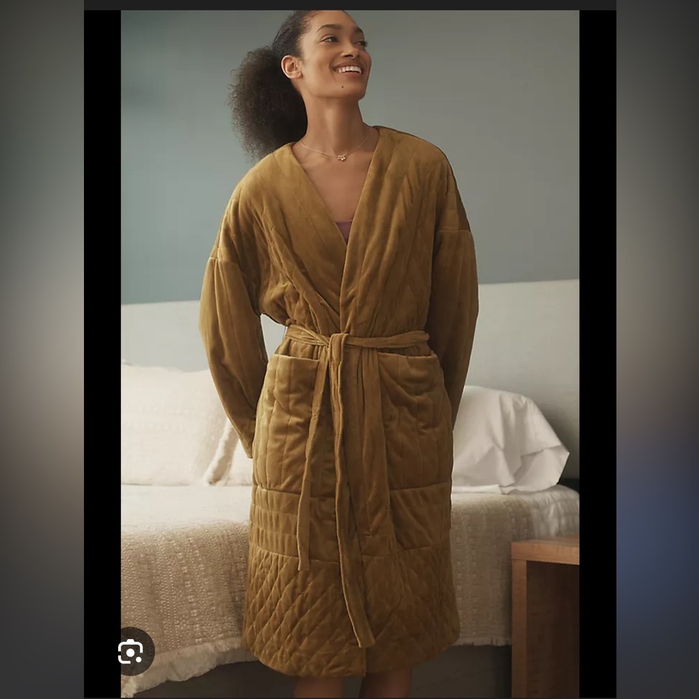Anthropologie Quilted Velvet Robe - Mustard Gold